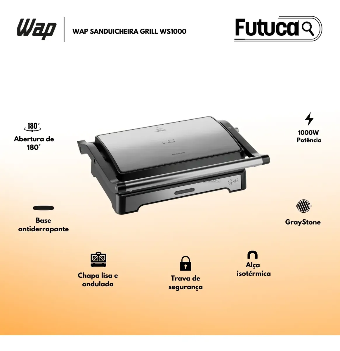 Sanduicheira Grill Elétrica Inox Wap 2 Em 1 180° 1000w Antiaderente Ws1000 Sanduiche Misteira Chapa Lisa Multiuso versao 2